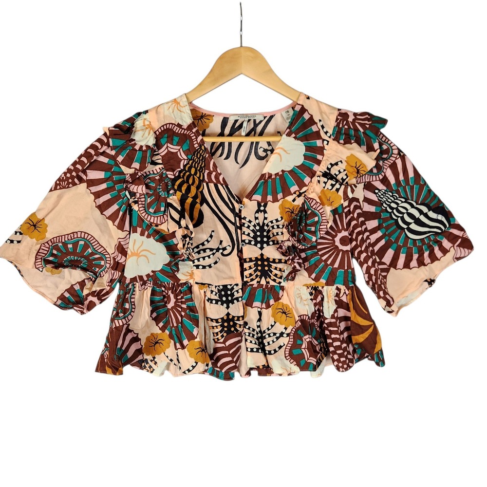 Scotch & Soda Sunray Top Women's M Pink Tropical Print Ruffle Peplum Blouse